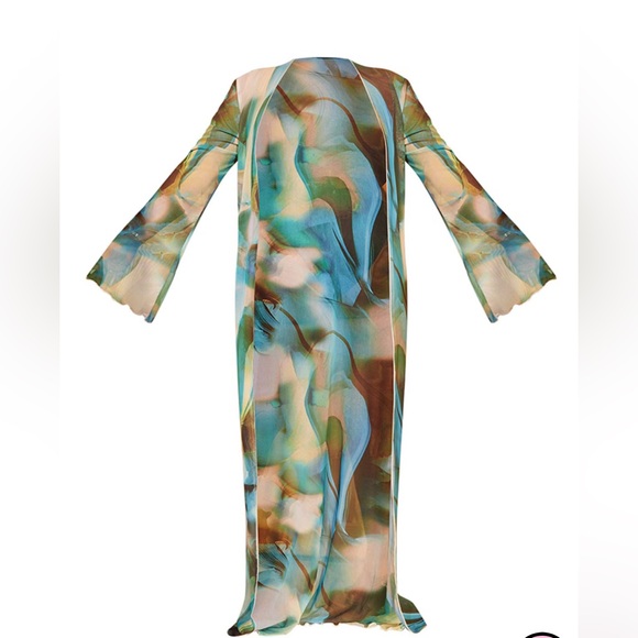 PrettyLittleThing Long Green Semi Sheer Mesh Kimono - Picture 3 of 10